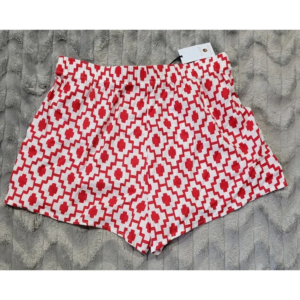 Shade & Shore Womens Size S 4-6 Linen Blend Red Geometric Shorts Swim Cover Up